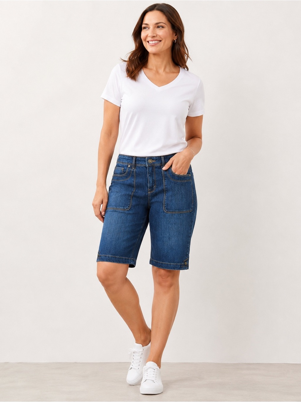 Gloria Vanderbilt Slimming Effects Bermuda Jean Shorts‎ Sz 6 Classic Mid Rise